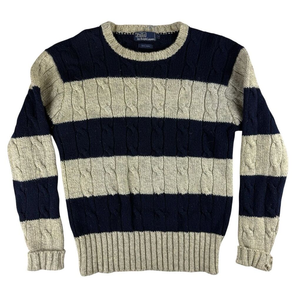 Vintage Polo Ralph Lauren Mens Striped Cable Knit Sweater Size L Navy Beige Wool